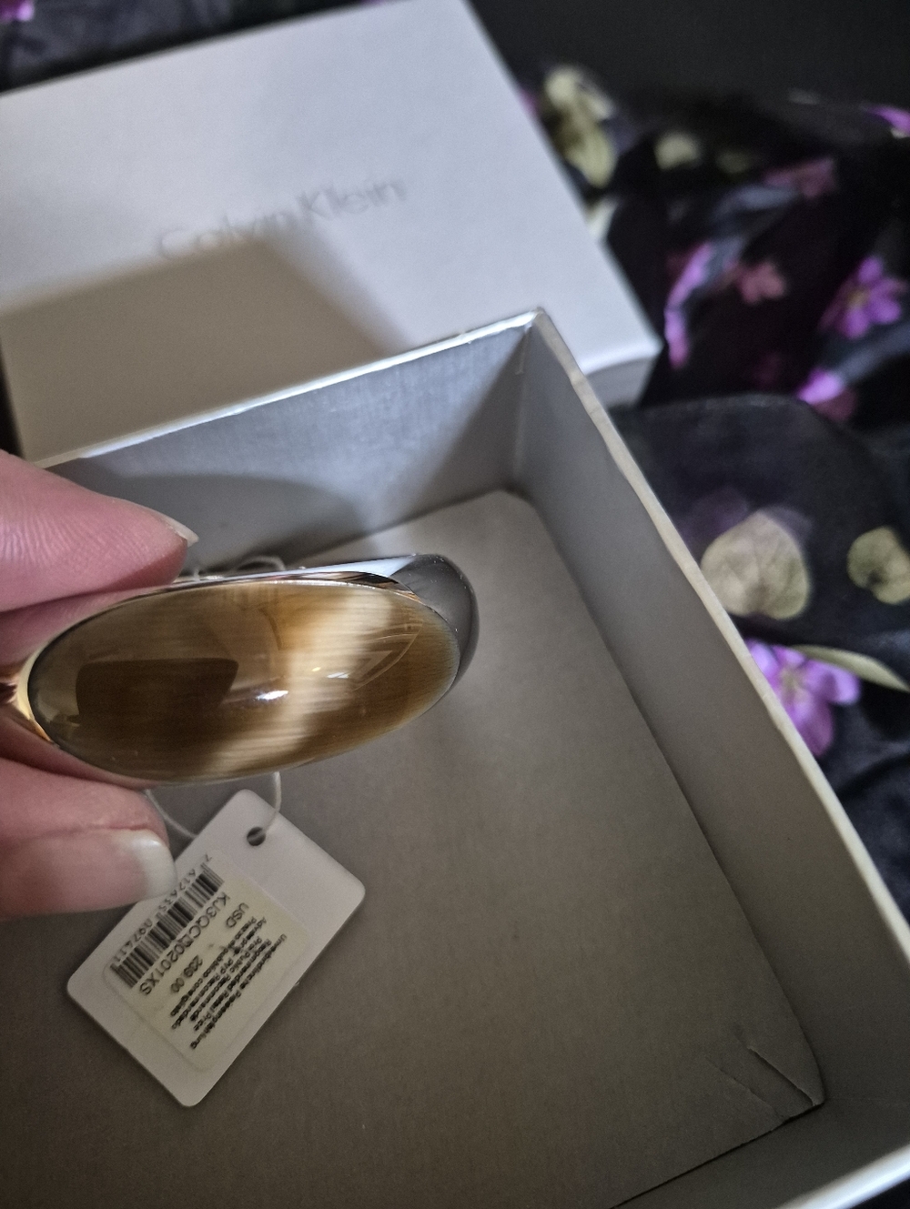 NWT IN BOX Calvin Klein  Stainless Steel Hinged Agate Silver Dome Bracelet 6.5'